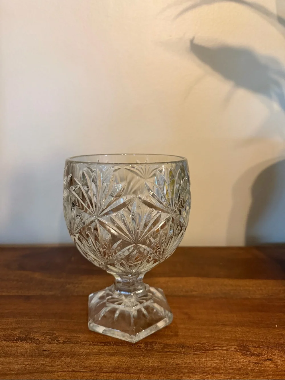 Vintage Teleflora Cut Crystal Footed Goblet Vase Hexagonal Base